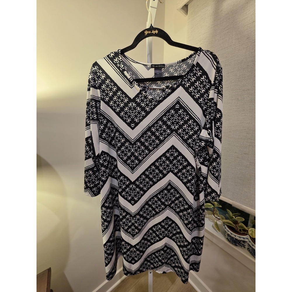 Womens Black White 3/4 Sleeve Chevron Print Stretch Dress 18W Boho Career Casual - Picture 13 of 16